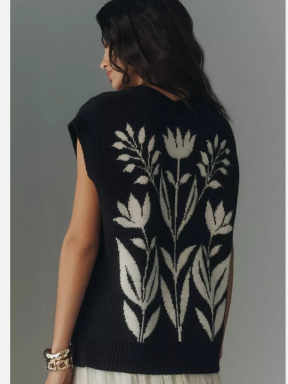 By Anthropologie Button-Front Sweater Vest Cardigan Black Floral Size L NWT - Picture 6 of 6